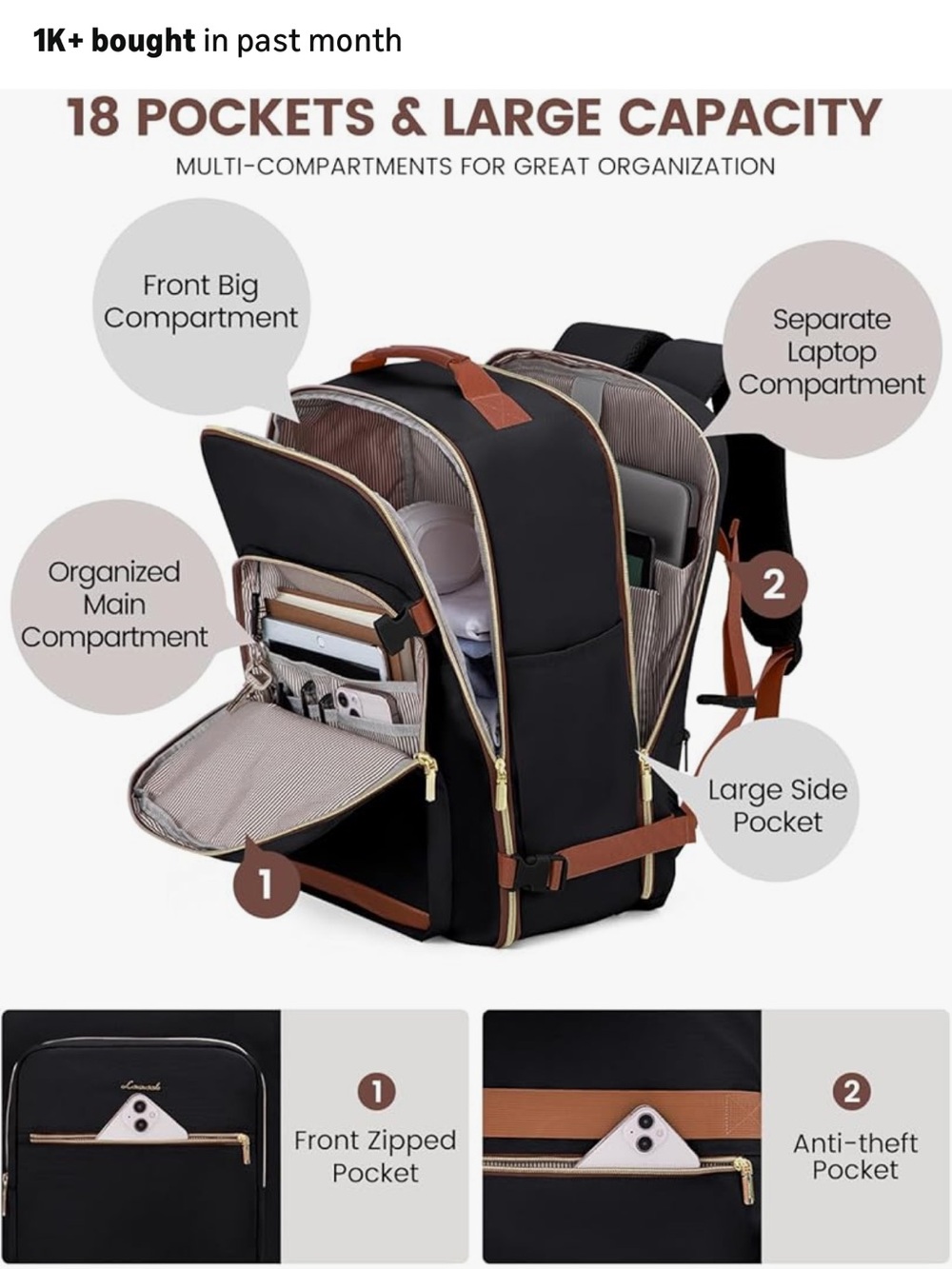 Black Backpack with Brown Accents - Multi-Compartment Travel & Laptop Bag